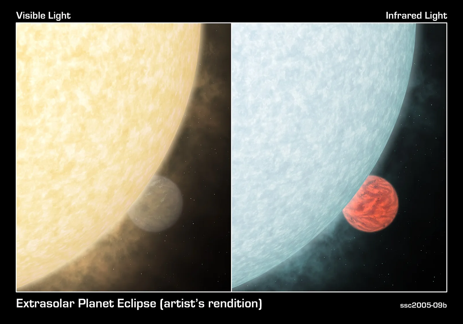 This artist's concept shows what a fiery hot star and its close-knit planetary companion might look close up if viewed in visible (left) and