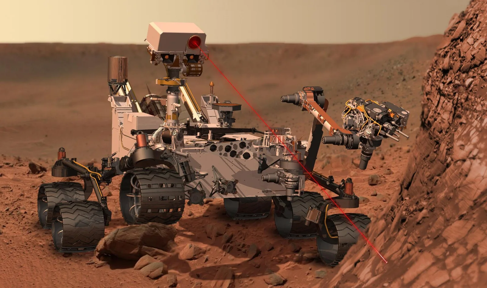 This artist's concept depicts the rover Curiosity, of NASA's Mars Science Laboratory mission, as it uses its Chemistry and Camera (ChemCam)
