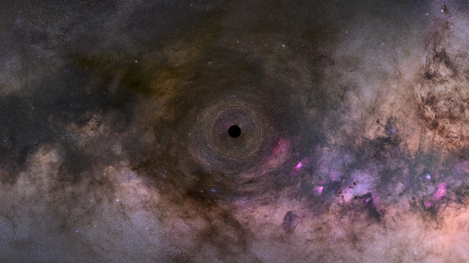 This is an illustration of a close-up look at a black hole drifting through our Milky Way galaxy. The black hole is the crushed remnant of a
