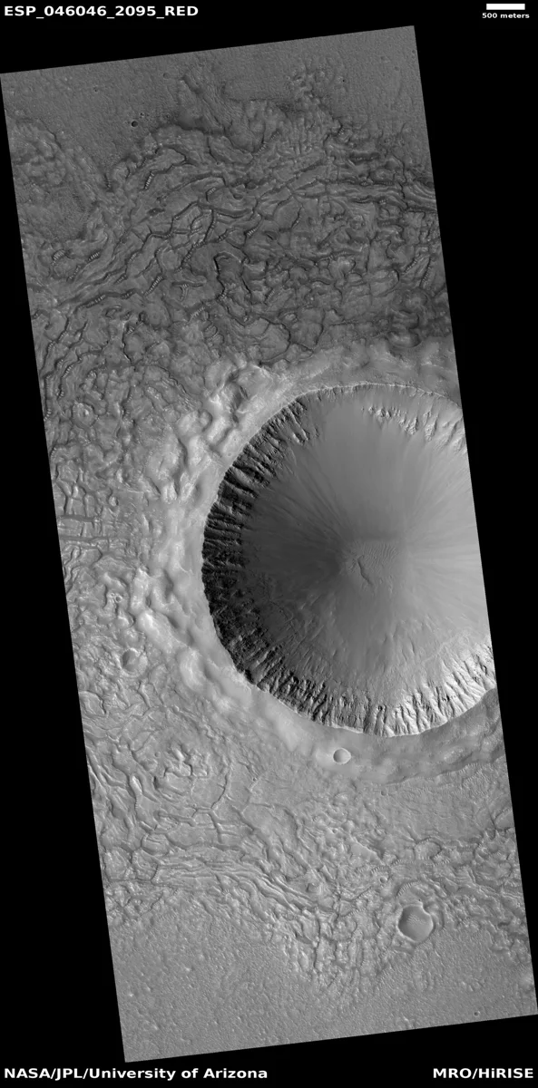 Crater and ejecta in Amenthes quadrangle quadrangle, as seen by HiRISE under HiWish program