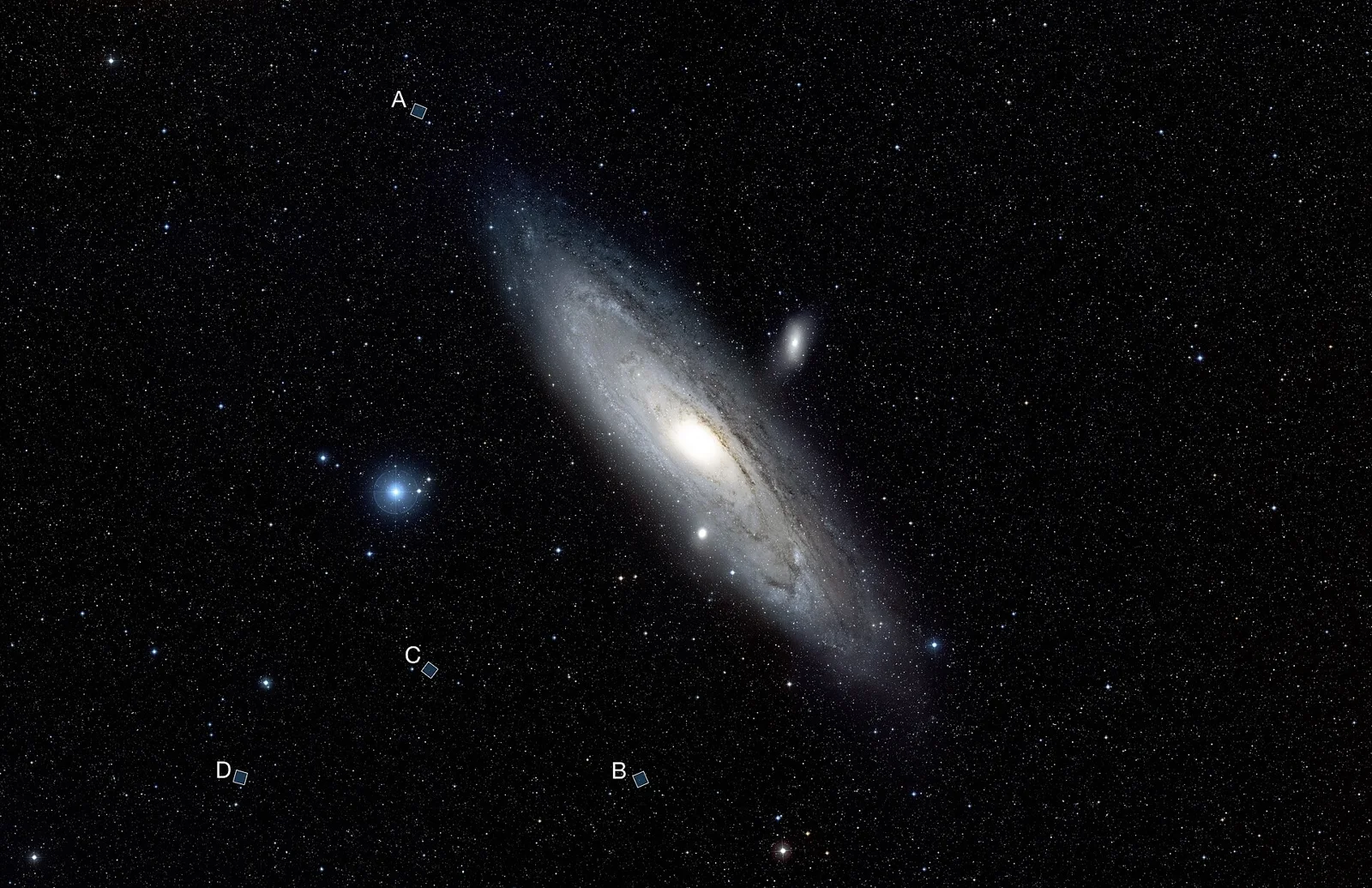 This ground-based image of the Andromeda Galaxy shows the location of four fields where the NASA/ESA Hubble Space Telescope has been used to