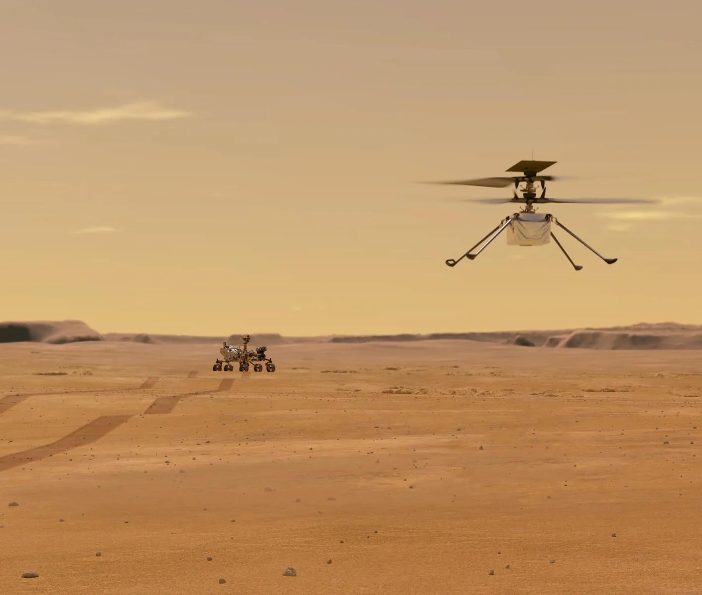 Helicopter Above Perseverance on Mars