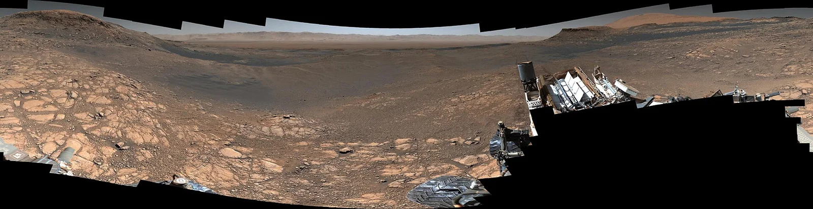 360-degree panorama of Mars near Mount Sharp taken by the Curiosity Rover's Mastcam. Image is reduced version of full 1.8 billion pixel imag