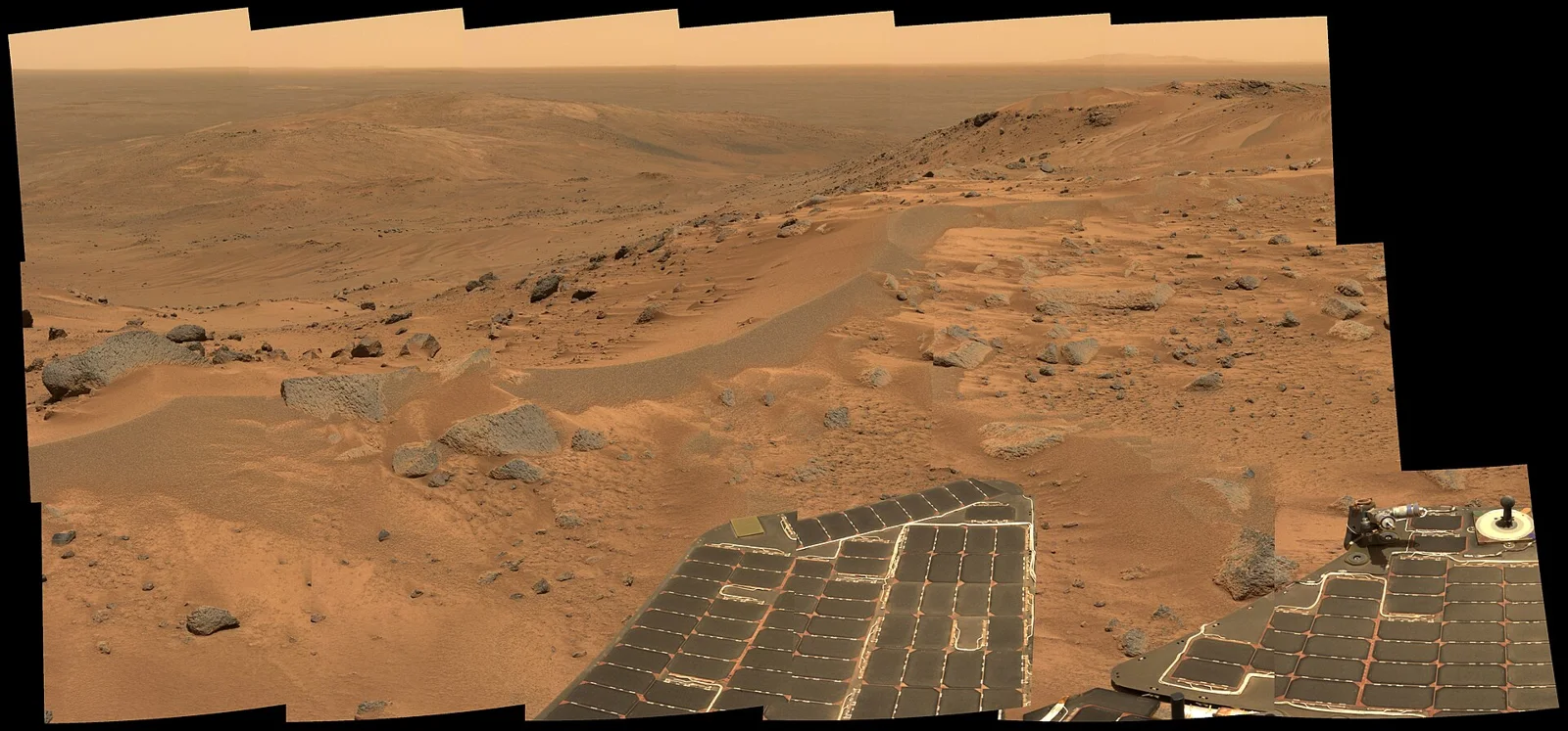 Jet Propulsion Laboratory: "This "postcard" or mini-panorama was taken by NASA's Spirit rover on martian day, or sol, 582 (August 23, 2005),