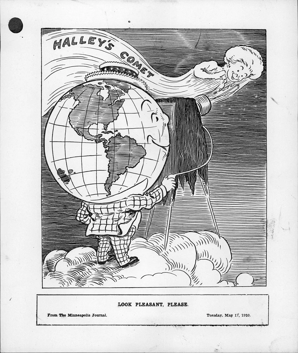 A person with a globe for a head is standing on a cloud with a camera looking at Halley's Comet in the sky. Rain had cleared the atmosphere,