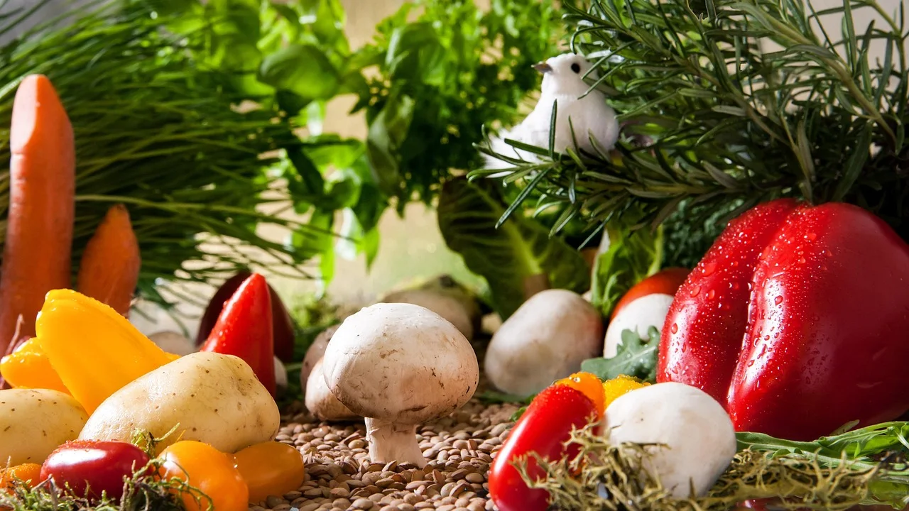 vegetables landscape, garden, vegetables, nature, tomatoes, mushrooms, paprika, carrots, onions, herbs, basil, parsely, food, meal, harvest,