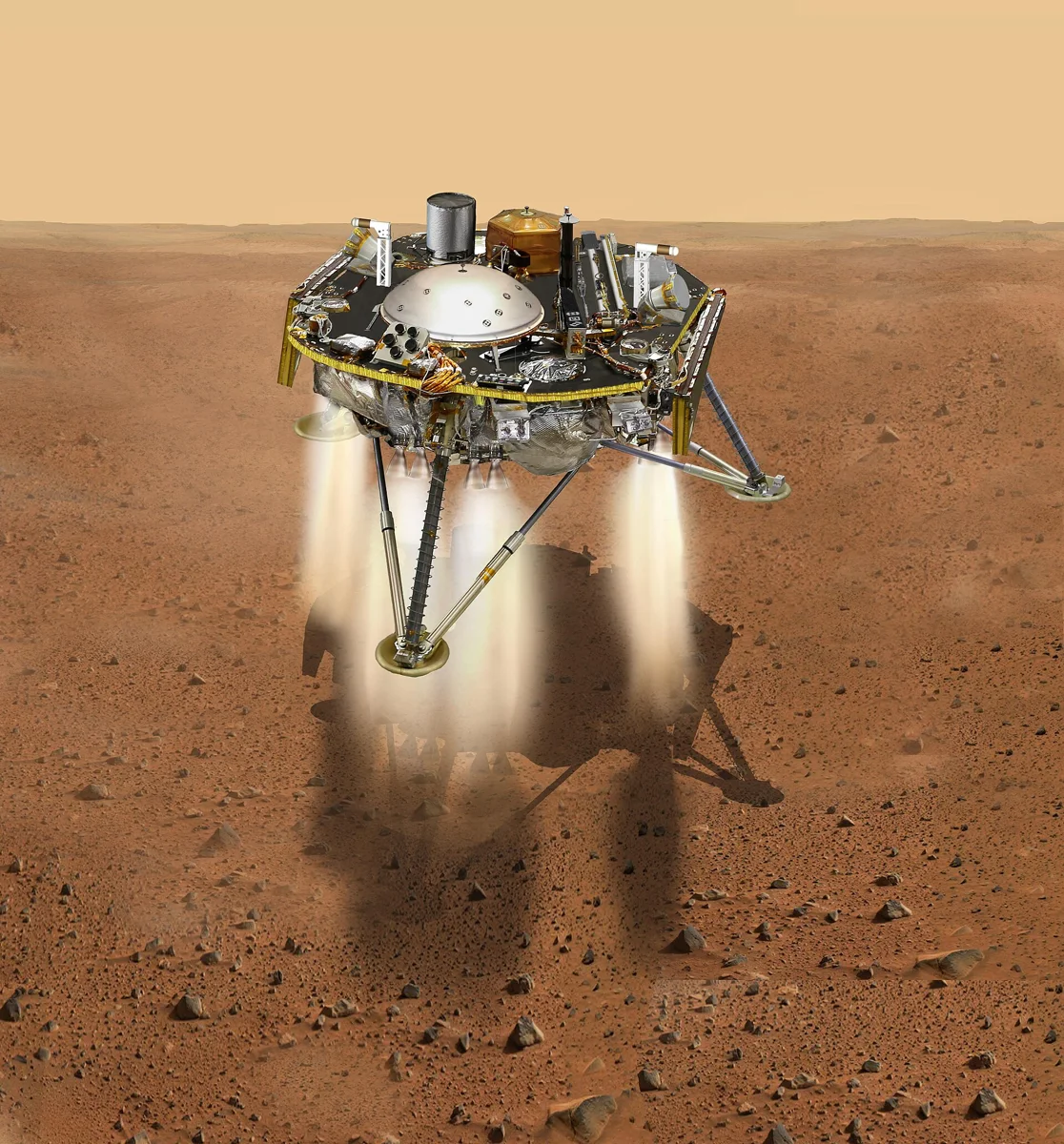 illustration showing a simulated view of NASA's InSight about to land on the surface of Mars. This view shows the top of the spacecraft.