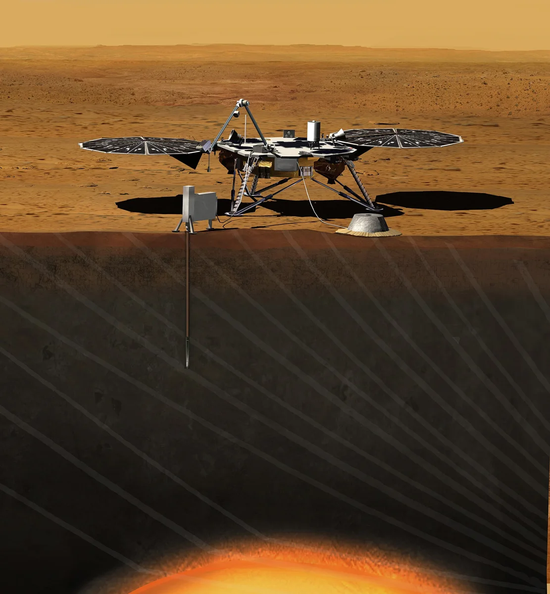 Artist rendition of the InSight (Interior exploration using Seismic Investigations, Geodesy and Heat Transport) Lander. InSight is based on