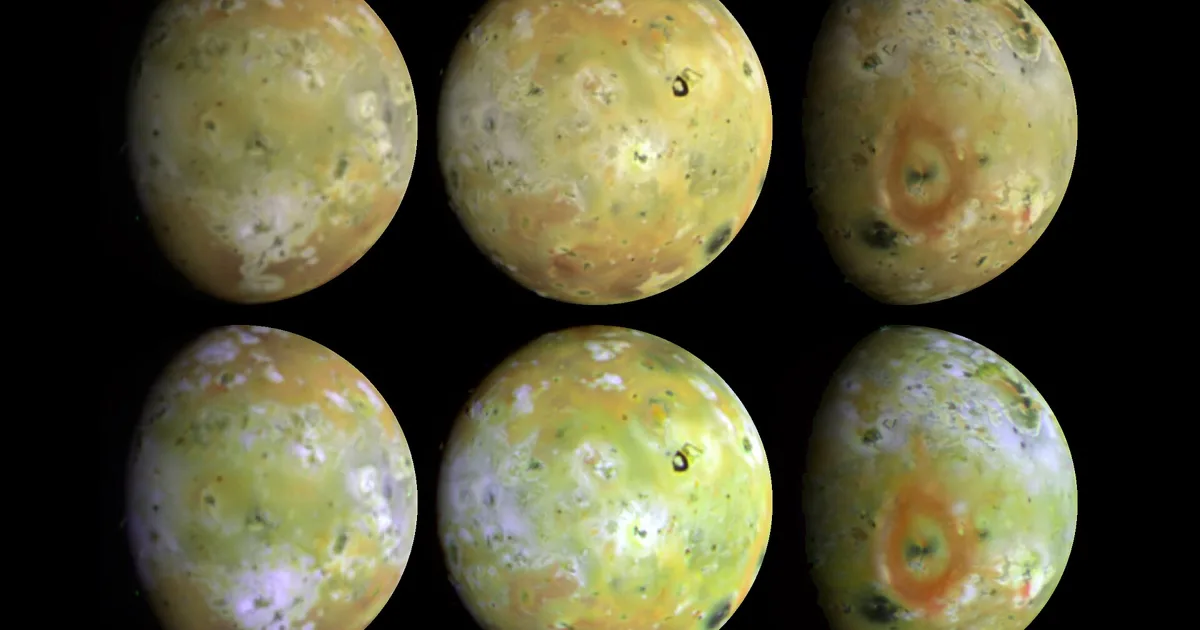 Three views of the full disk of Jupiter's volcanic moon, Io, each shown in natural and enhanced color. These three views, taken by Galileo i