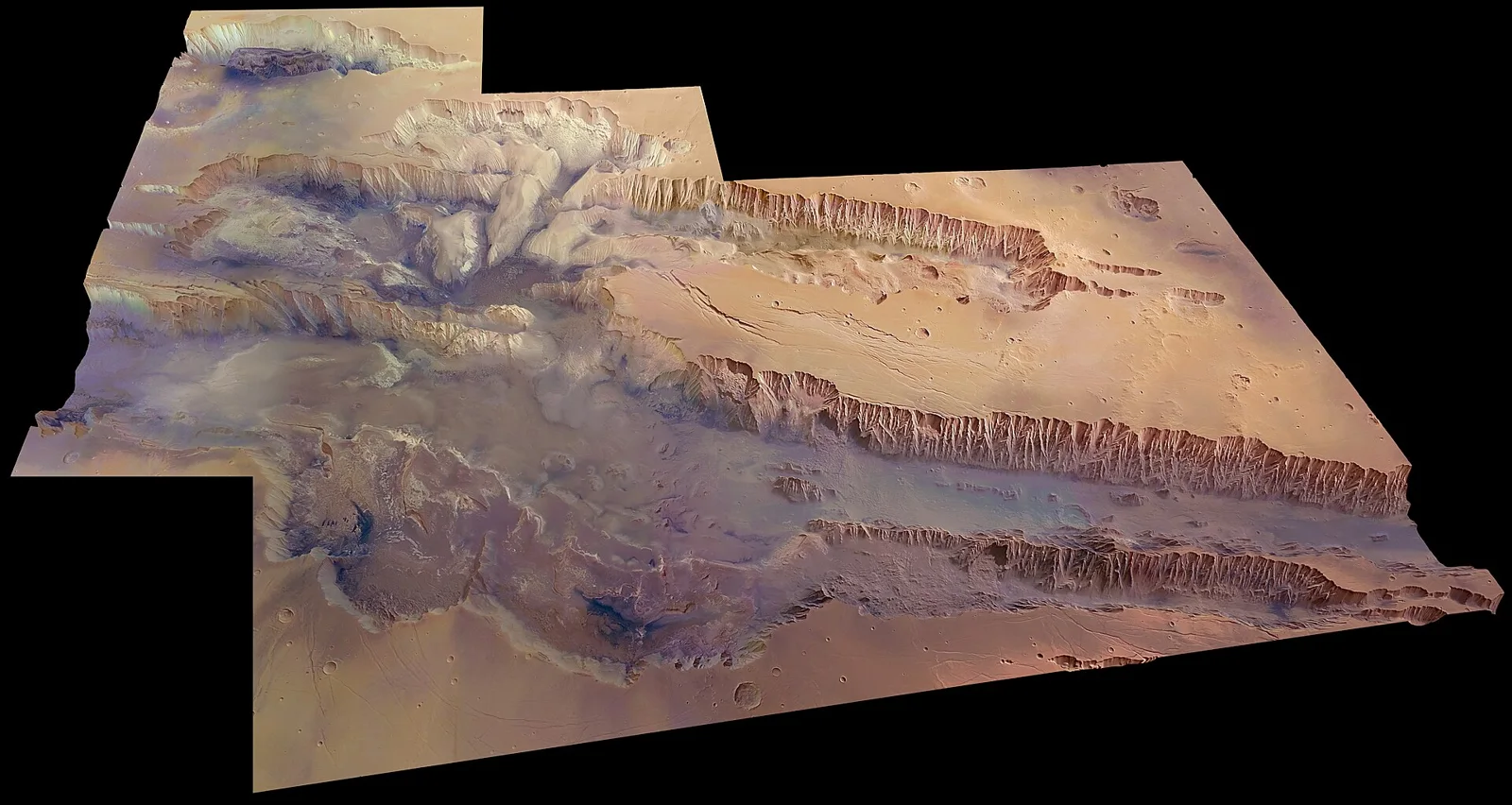Valles Marineris, seen at an angle of 45 degrees to the surface in near-true colour and with four times vertical exaggeration. The image cov