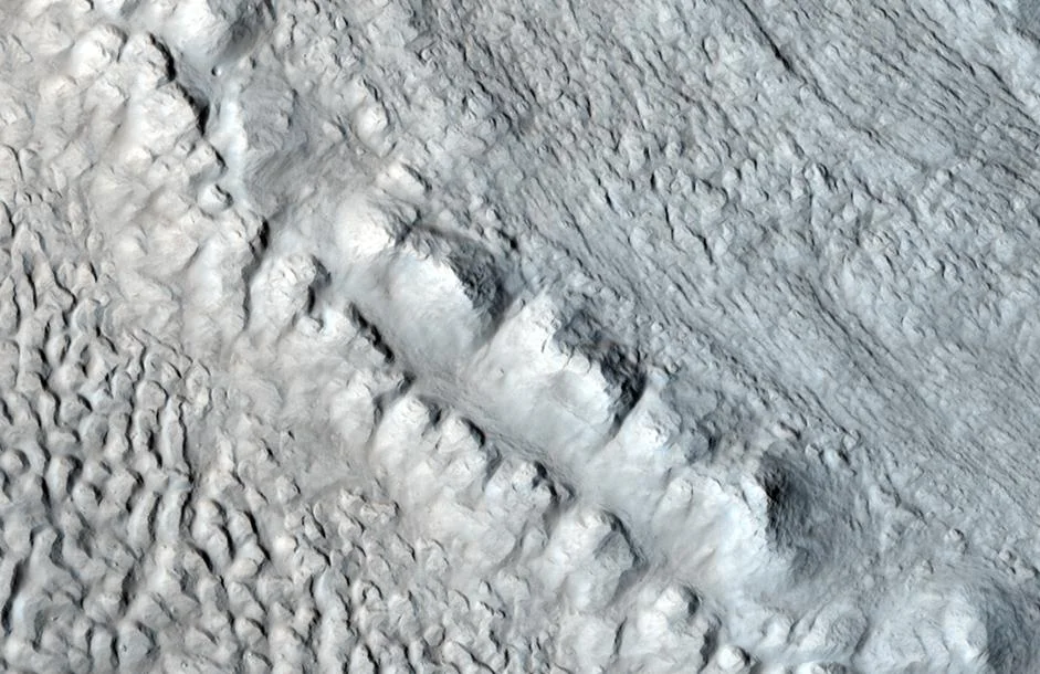 Close up of glacier in Ismenius Lacus, as seen by hirise under HiWish program. Location is 42.2 N and 49.4 E.