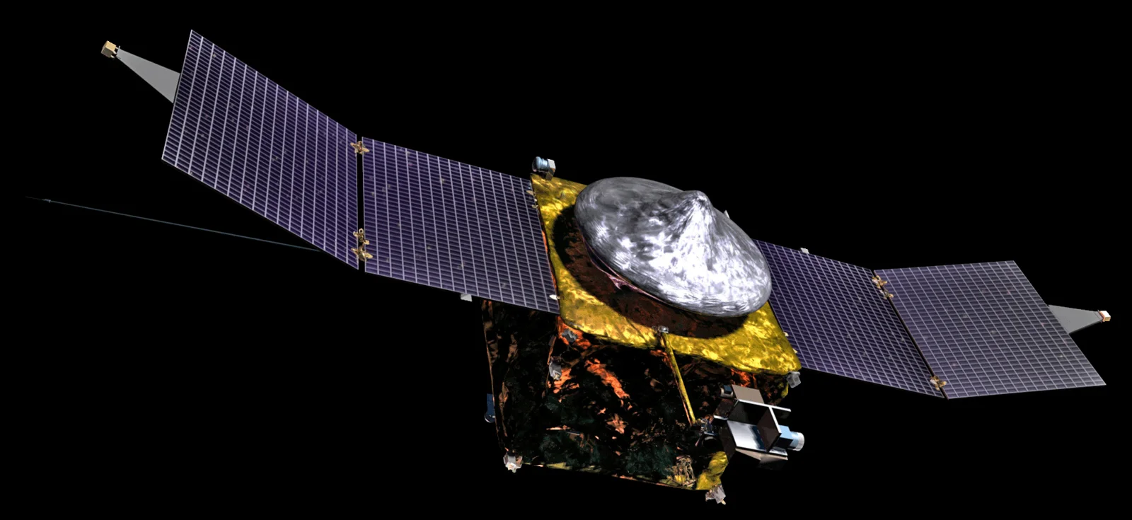 Artist's rendering, from NASA , of the MAVEN spacecraft in its in-flight configuration. Employing the use of a medium-sized spacecraft to or