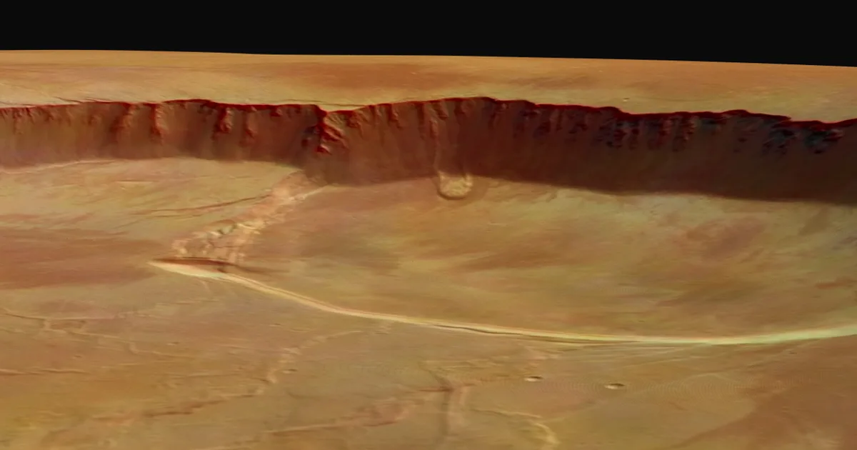 This perspective view shows the southern part of the caldera (summit crater) of the Olympus Mons volcano on Mars. The image has been calcula