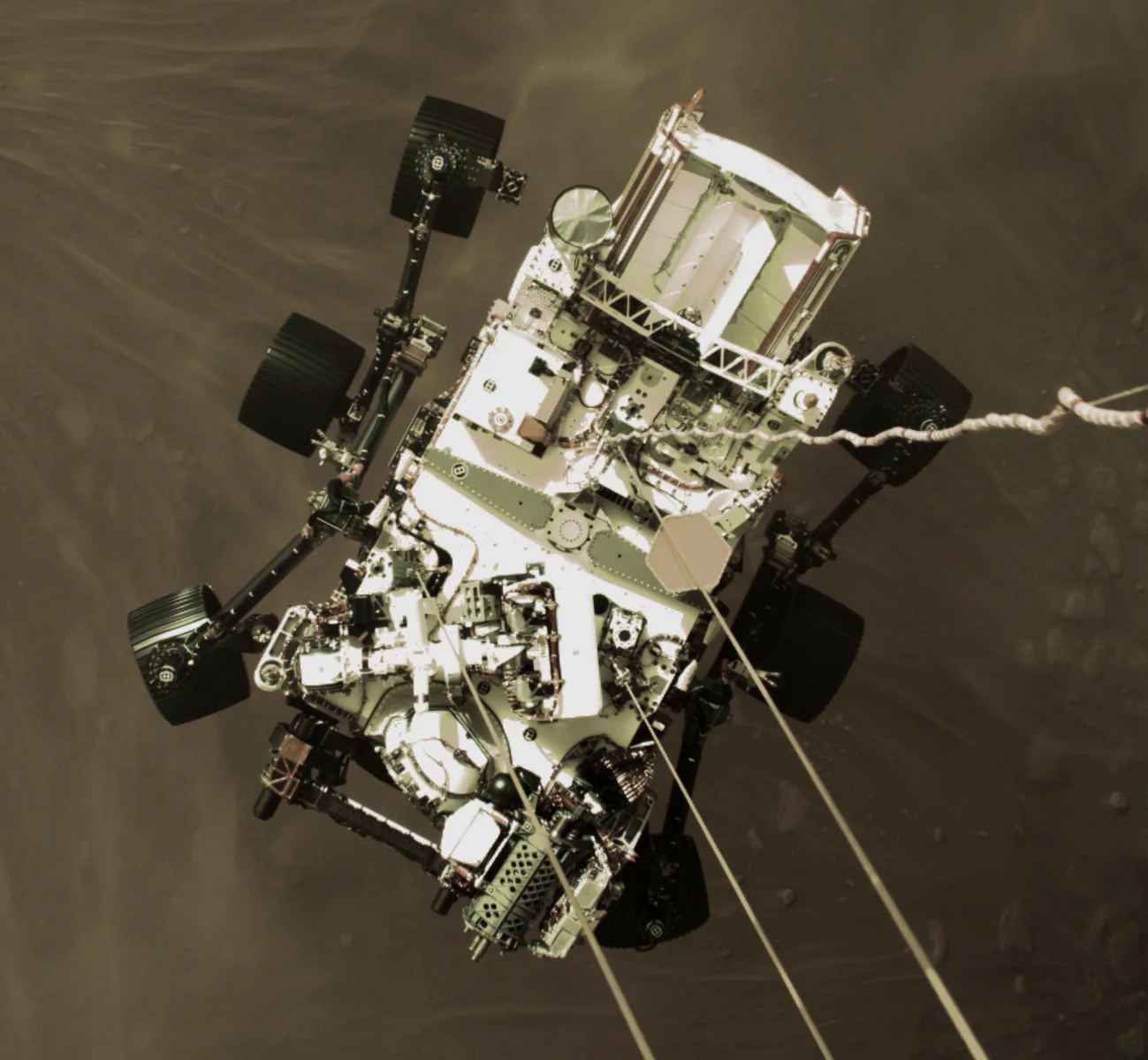 This high-resolution still image is part of a video taken by several cameras as NASA’s Perseverance rover touched down on Mars on February 1
