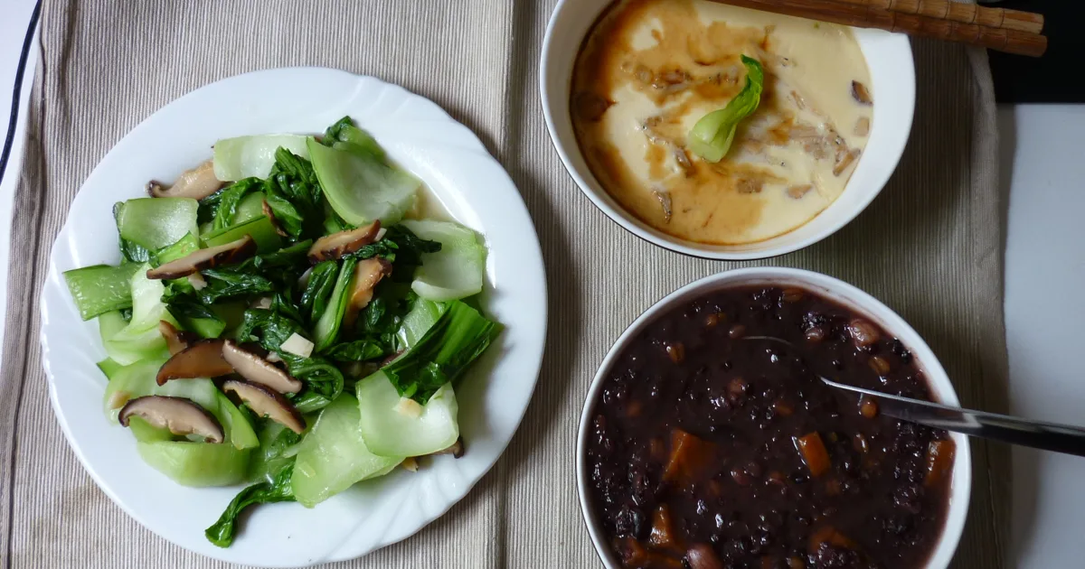 10th June, Stir Fried Green Vegetable with Shiitake (Mushroom), Steamed Eggs with Anchovies (Dried Fish) and Shiitake, Porridge