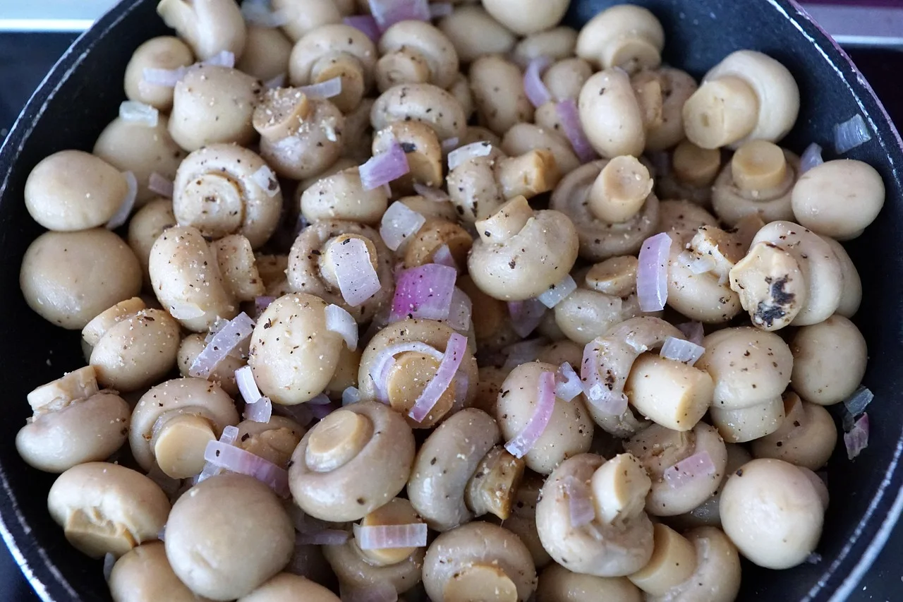 mushrooms, pan, vitamins, onion, vegan, meal, food, beige, cook, ingredient, vegetables, yummy, stir-fry, steam, hearty, nourishment, health