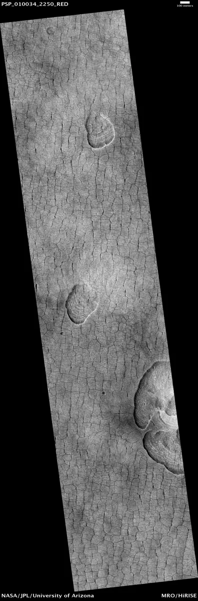 Polygon Network and Scalloped Depressions in Western Utopia Planitia. Acquisition date: 16 September 2008 Local Mars time: 15:23 Latitude (c