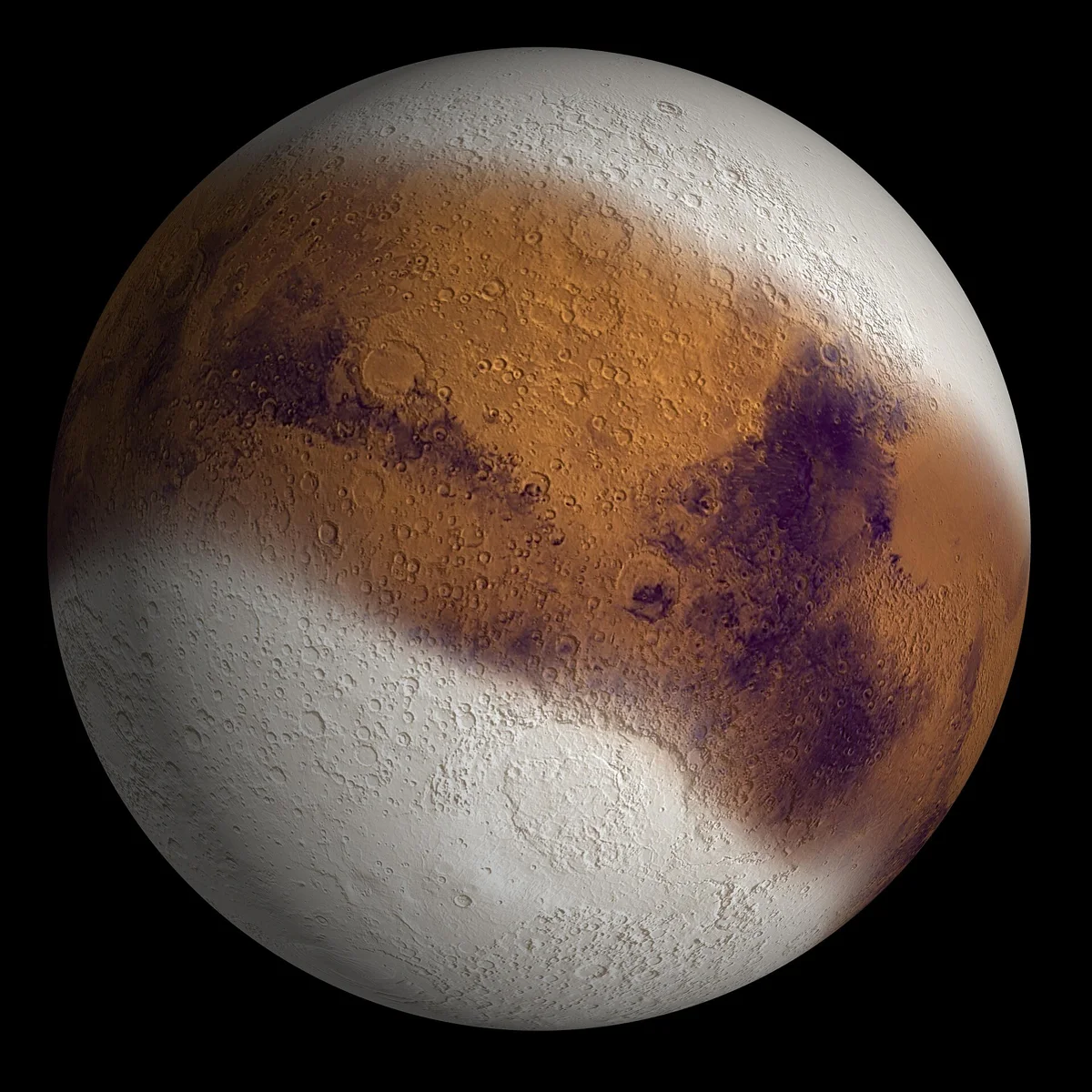 An illustration of what Mars might have looked like during an ice age between 2.1 million and 400,000 years ago, when Mars's axial tilt is b
