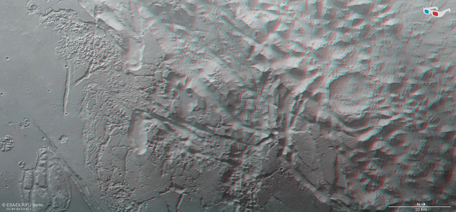 This image shows Aurorae Chaos, a large area of chaotic terrain located in the Margaritifer Terra region on Mars, in 3D when viewed using re