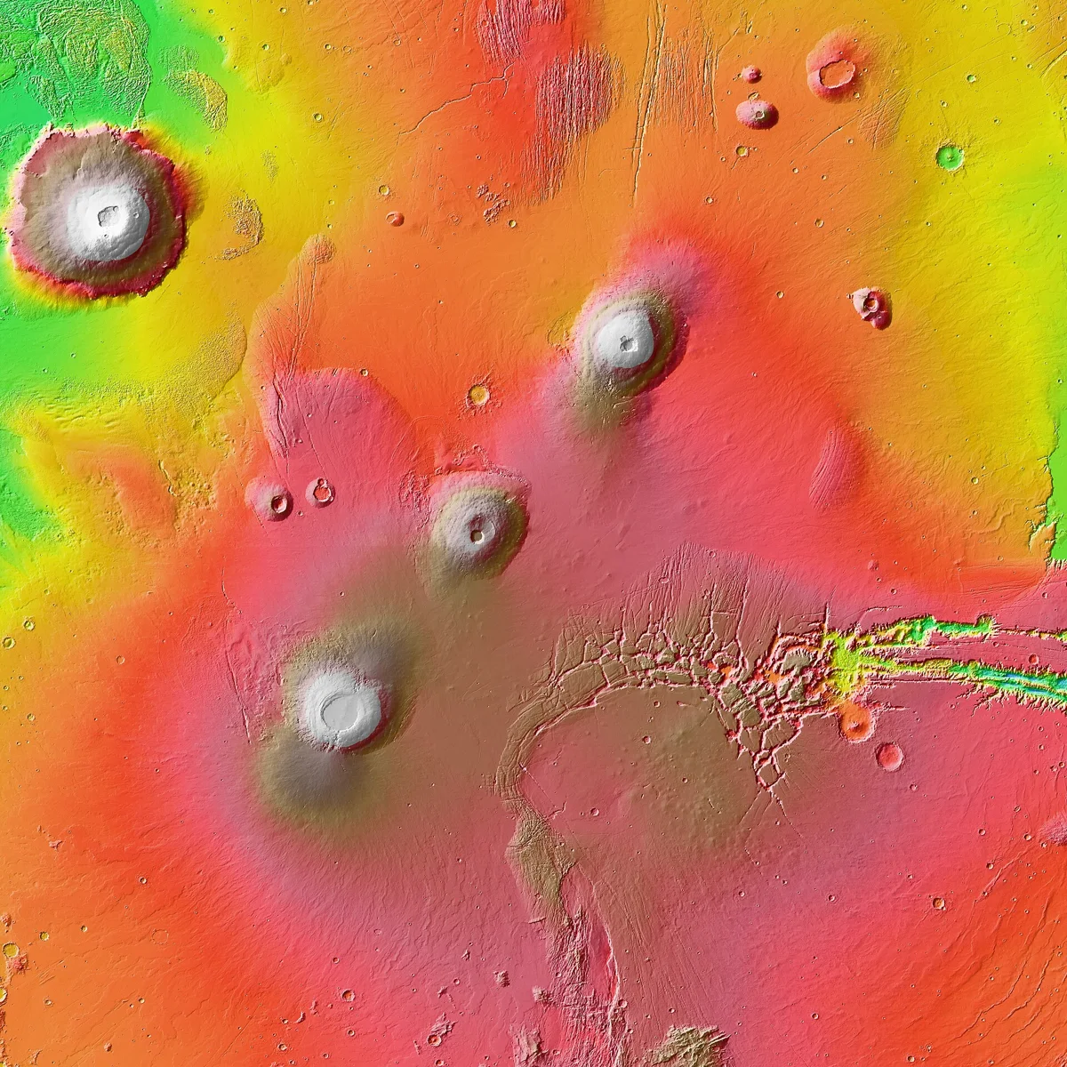 Mars Orbiter Laser Altimeter (MOLA) colorized topographic map of the central part of the Tharsis volcanic province in the western hemisphere